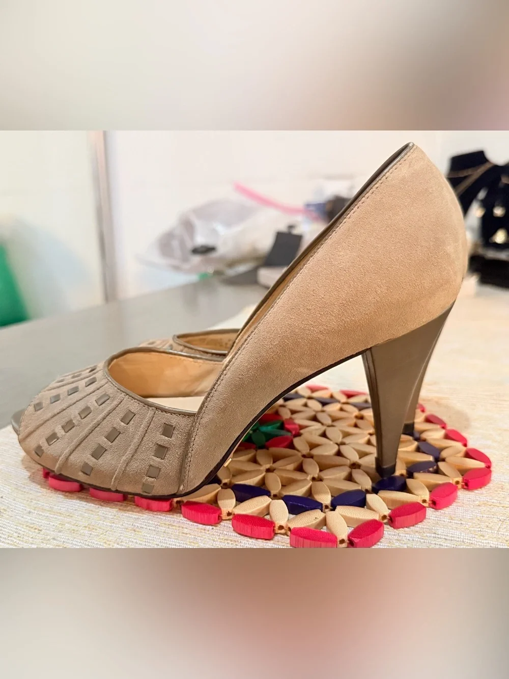 Cole Haan Taupe Suede Peep-Toe Wedges